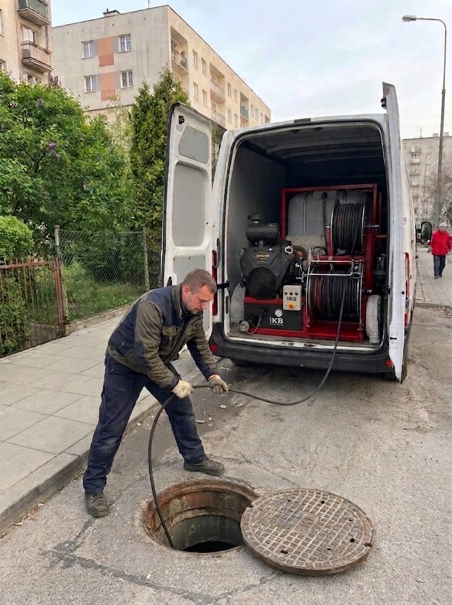 Pracownik wprowadza wąż wysokociśnieniowy wuko do otwartej studzienki kanalizacyjnej przy osiedlu bloków – w tle bus z agregatem ciśnieniowym i bębnami węży